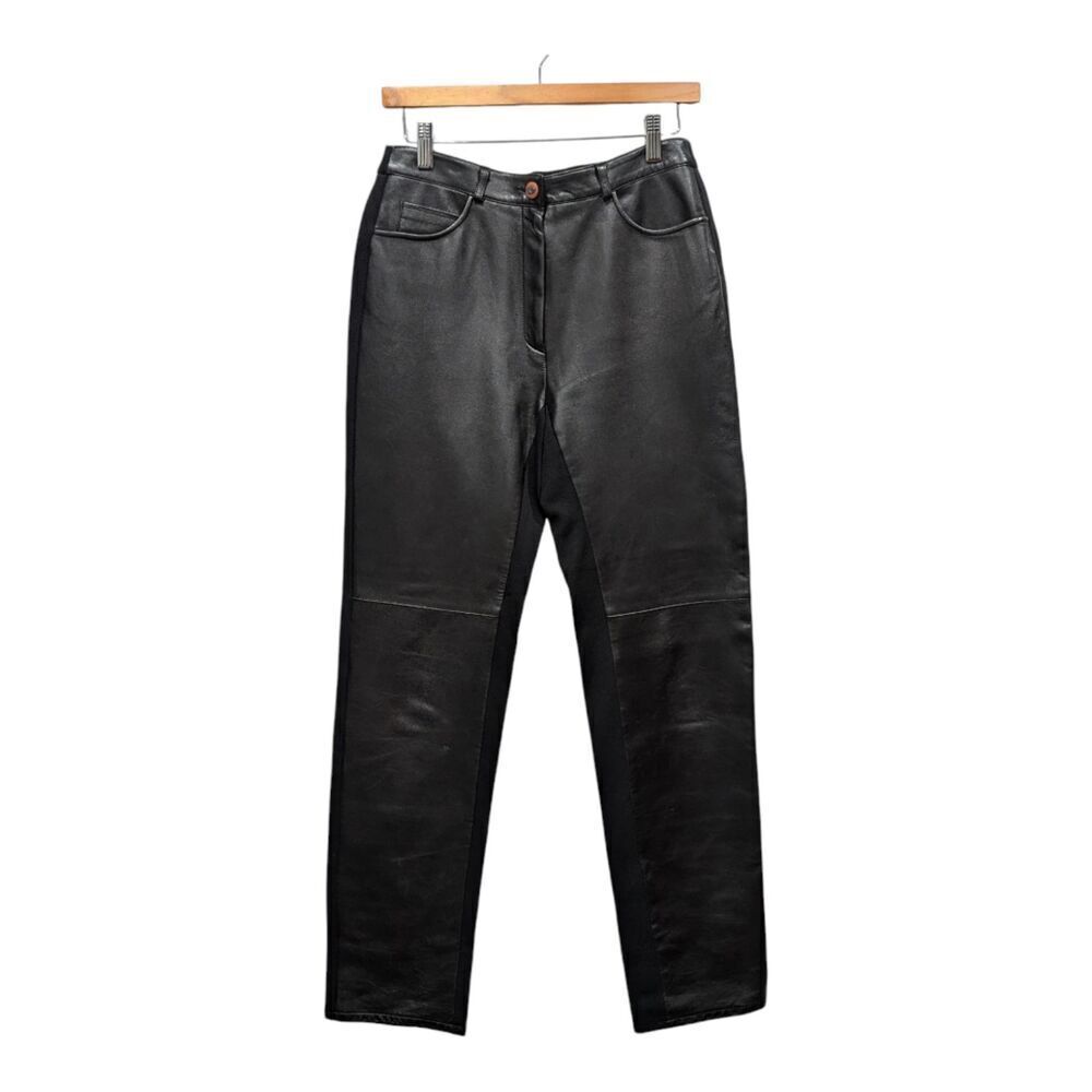 Vintage Absolu Confort Paris Black Vegan Leather Front Ponte Knit Back Pants, 8
